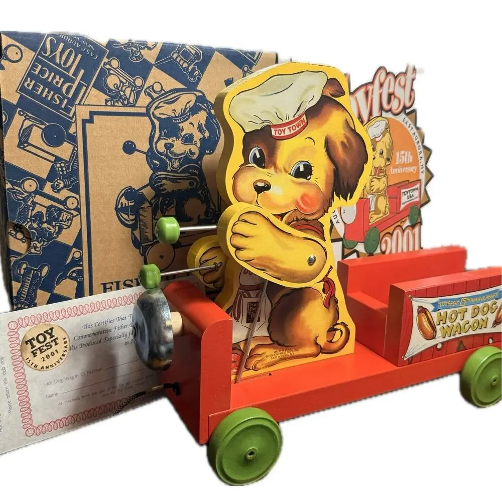 VTG Fisher Price ToyFest 2001 Hot Dog Wagon Wooden Pull Toy CIB COA Booklet